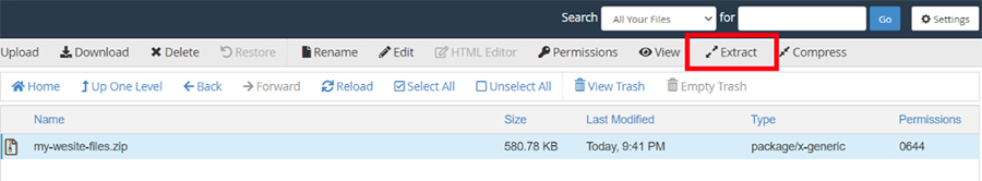 cPanel extract compresses file